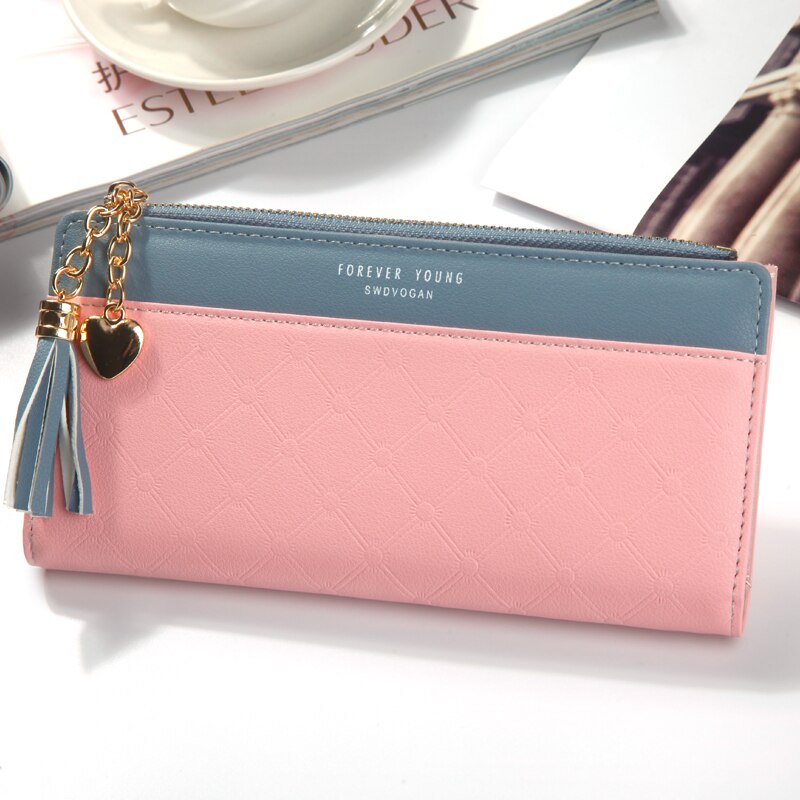 Kylethomasw New Long tassel zipper purse pink female Purse double Color leather wallets for Euro Holder for cards money bag for girls purse