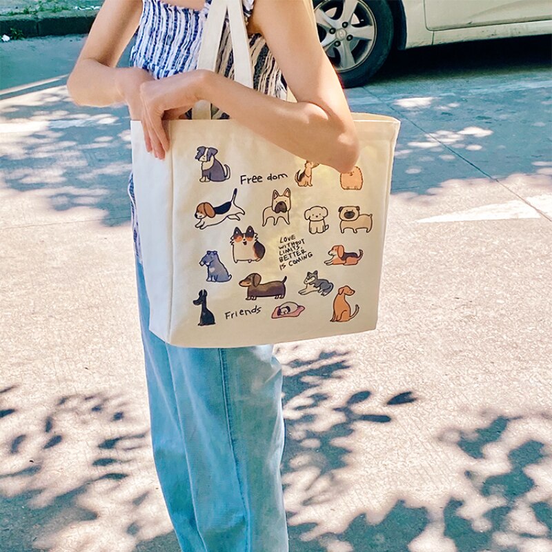 Kylethomasw Cute Dog Canvas Tote Bag for Women Korean Style Cartoon Print Handbag Large Capacity Reusable Casual Shopper Shoulder Bag