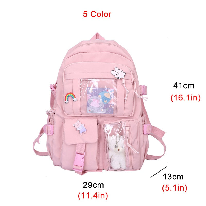 Cute Multipocket Waterproof Nylon Women Backpack Teenage Girl Kawaii Transparent Travel Bag Preppy Style Schoolbag Book Mochila