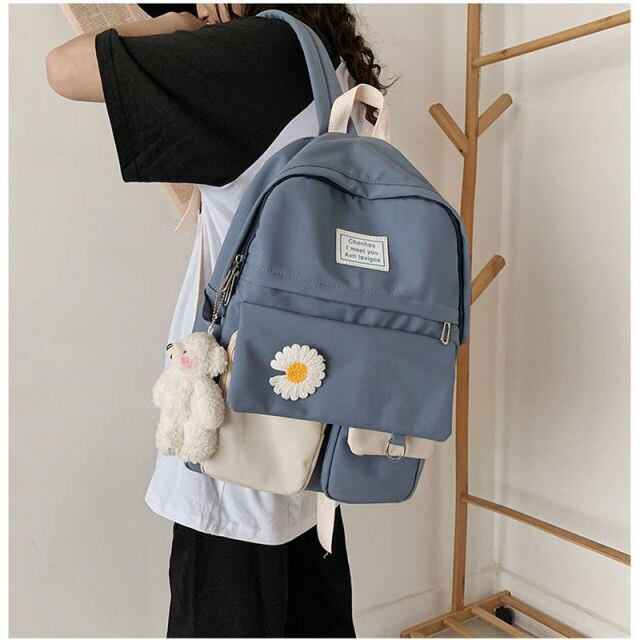 Kylethomasw  Girls School Bags for Teenagers Student Backpack Women Nylon Soft Patchwork Bookbag Teen Panelled Flowers Casual Schoolbag Black
