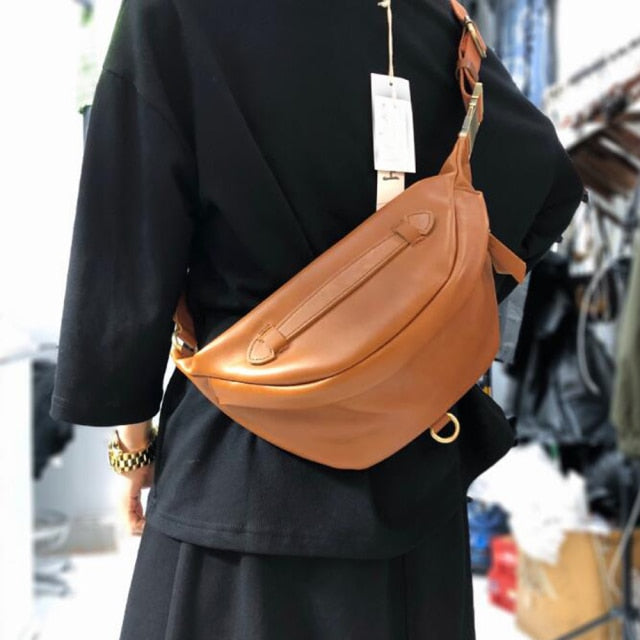 Genuine Leather Chest Shoulder Bag Cool Crossbody Packs for Woman Cowhide Female Spring High Quality Belt Saddle Shoulder Bags