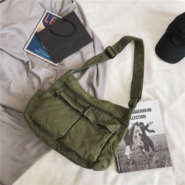Multi Pockets Canvas Big Size Handbag Female Male Teenager Student Over Large High Street Hip Hop Fabric Zipper Messenger Bag