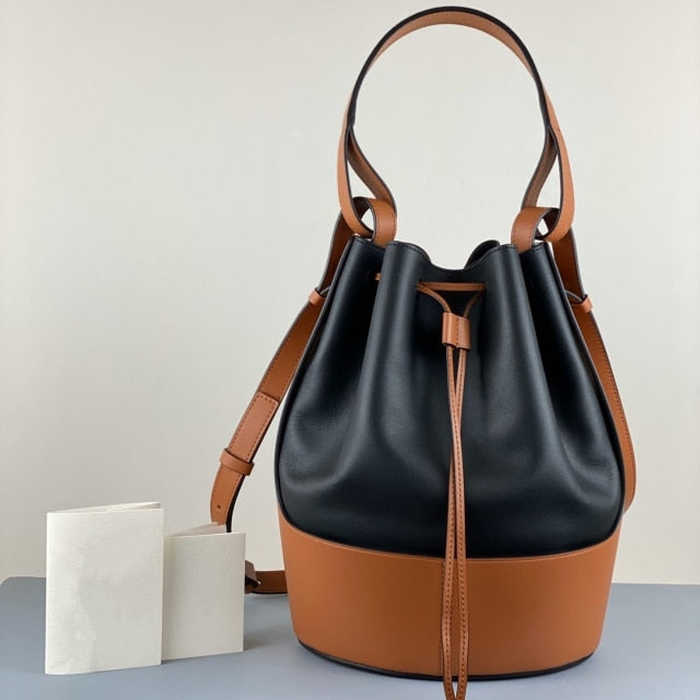 2021 New Women's Leather Drawstring Large Capacity Bucket Bag Leather Hit Color Matching Bag/Hand Bag over-the-Shoulder Bag